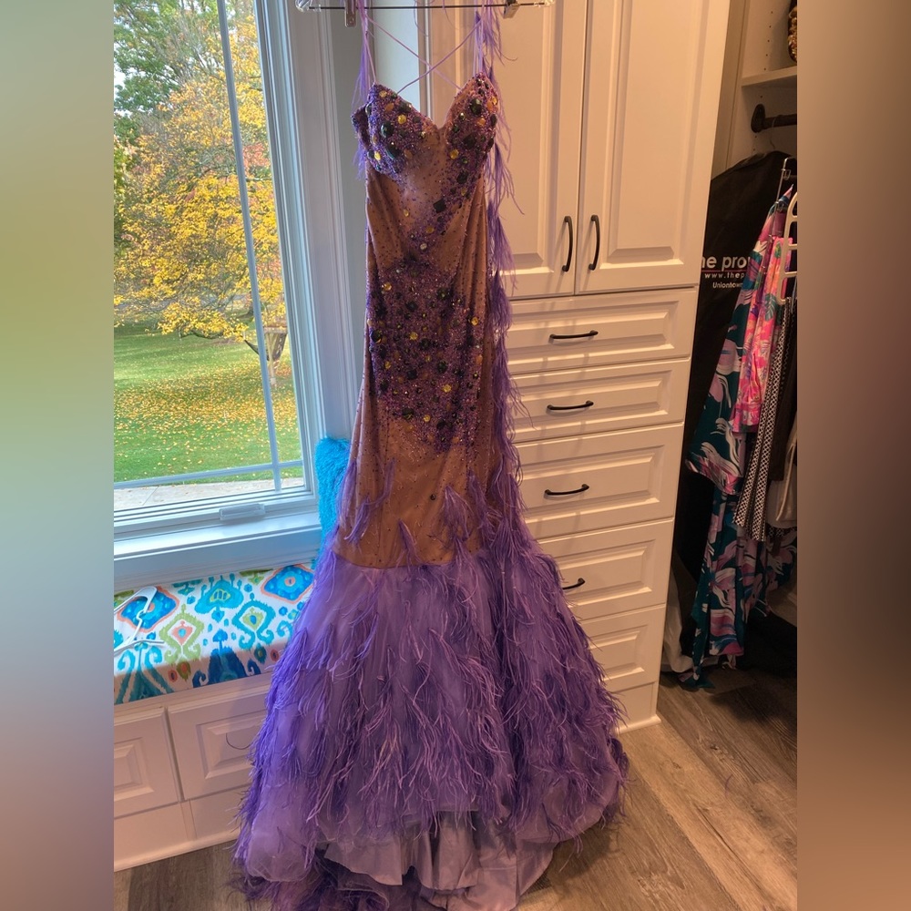 Sherry Couture Purple and Flesh Rhinestone and feathers gown with train size 2